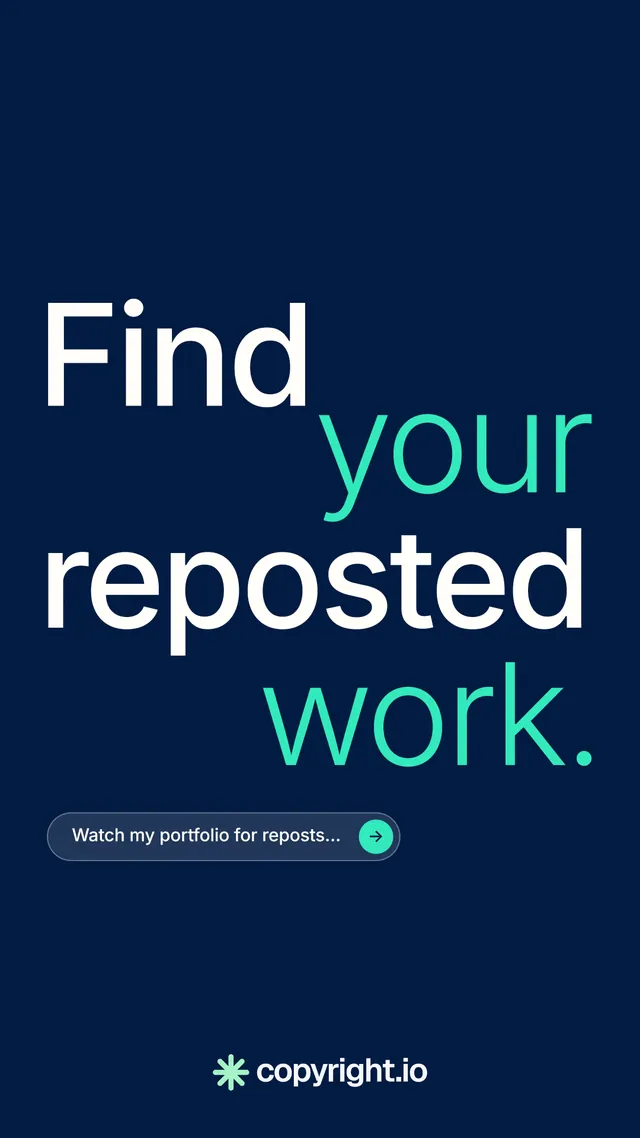 Instagram story for copyright.io: "Find your reposted work." Agentic glass style, stacked layout, dark palette in blue.