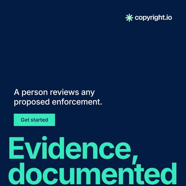 Instagram post for copyright.io: "Evidence, documented." Swiss style, oversized layout, dark palette in blue, teal.