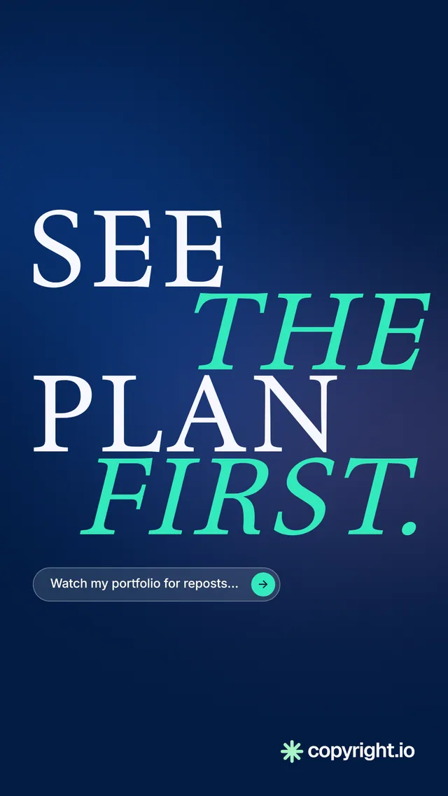 Instagram story for copyright.io: "See the plan first." Agentic glass style, stacked layout, dark palette in blue, teal.