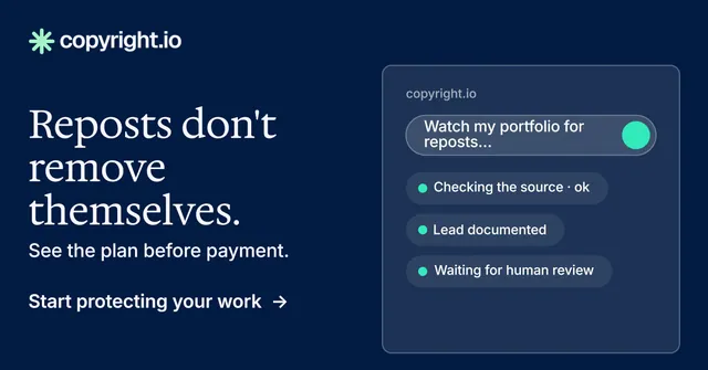Social ad for copyright.io: "Reposts don't remove themselves." Minimal luxury style, bottom layout, dark palette in blue.