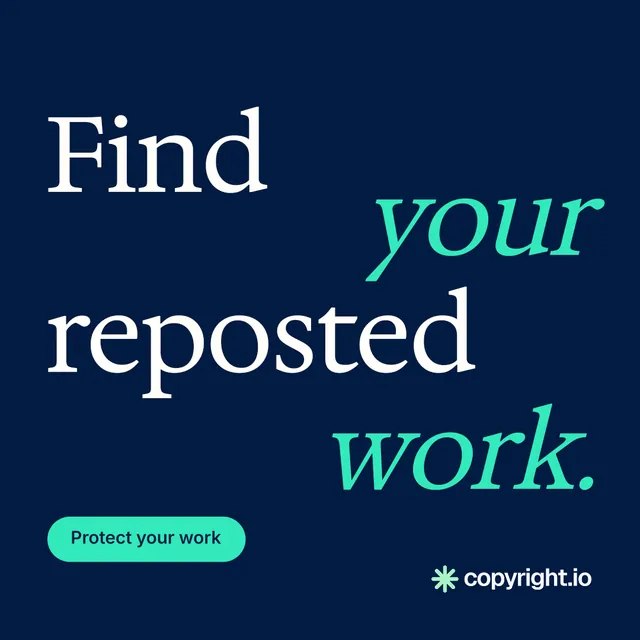 Instagram post for copyright.io: "Find your reposted work." Y2K style, stacked layout, dark palette in blue, teal.