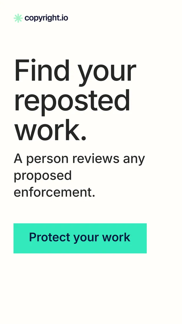 Instagram story for copyright.io: "Find your reposted work." Swiss style, skeleton layout, light palette in white, teal.