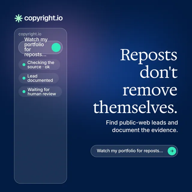 Instagram post for copyright.io: "Reposts don't remove themselves." Agentic glass style, right layout, dark palette in blue.