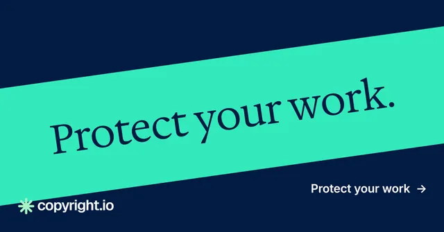 Social ad for copyright.io: "Protect your work." Minimal luxury style, diagonal layout, dark palette in blue, teal.