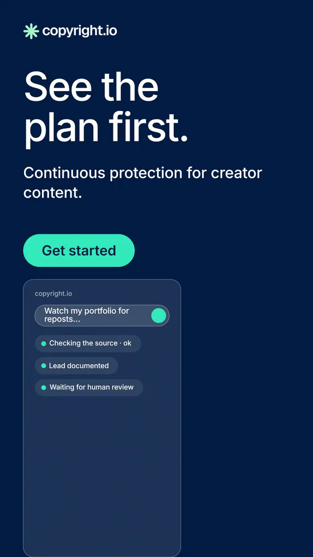 Instagram story for copyright.io: "See the plan first." Agentic glass style, skeleton layout, dark palette in blue.