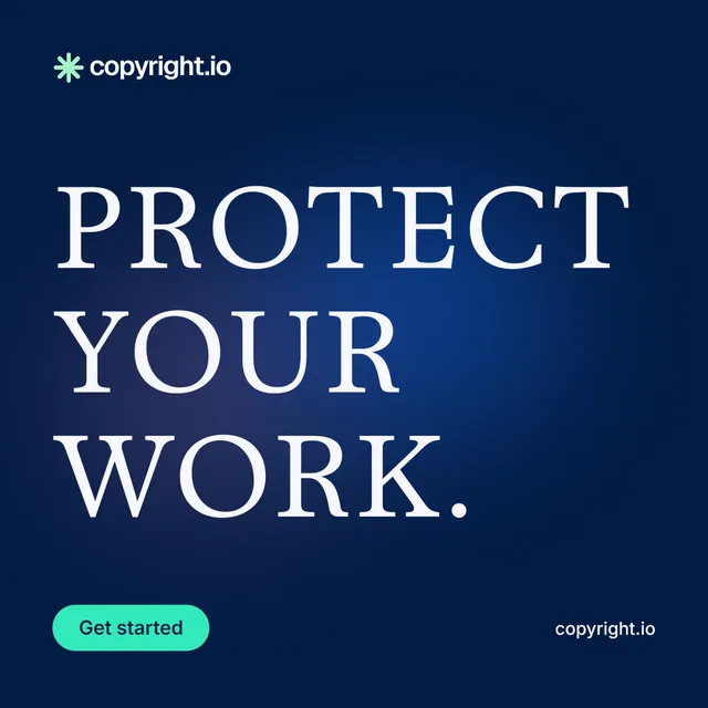 Instagram post for copyright.io: "Protect your work." Y2K style, poster layout, dark palette in blue.