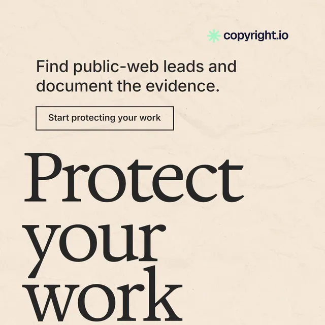 Instagram post for copyright.io: "Continuous protection for creators." Editorial style, oversized layout, light palette in orange, grey.