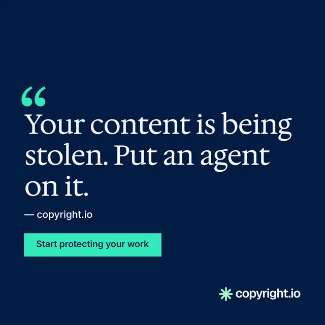 Instagram post for copyright.io: "Find your reposted work." Split block style, quote layout, dark palette in blue.