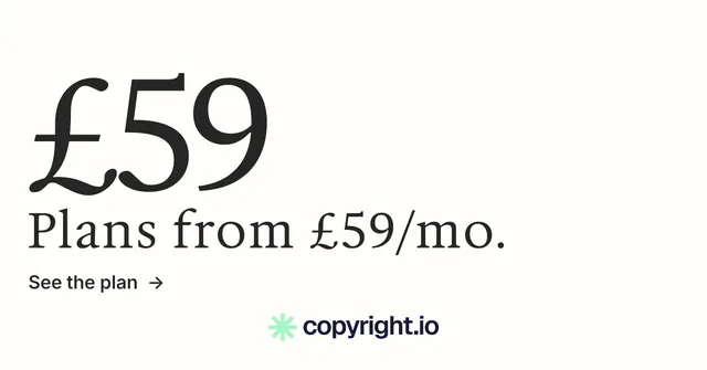 Social ad for copyright.io: "Your content is being stolen." Minimal luxury style, stat layout, light palette in white, grey.