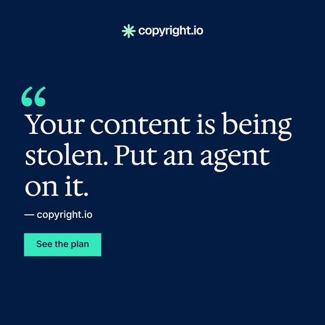 Instagram post for copyright.io: "Your content is being stolen." Swiss style, quote layout, dark palette in blue.