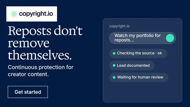 Landscape graphic for copyright.io: "Reposts don't remove themselves." Editorial style, bottom layout, dark palette in blue.