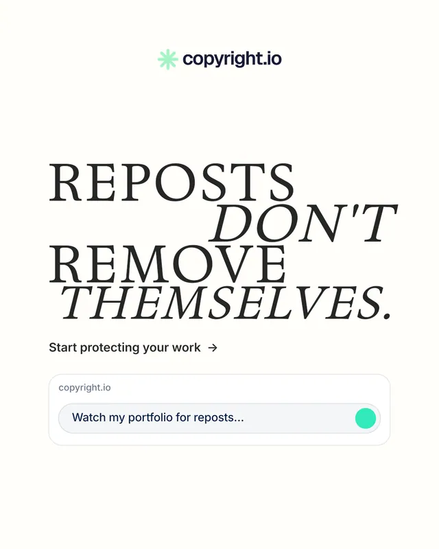 Instagram portrait post for copyright.io: "Reposts don't remove themselves." Minimal luxury style, stacked layout, light palette in white.