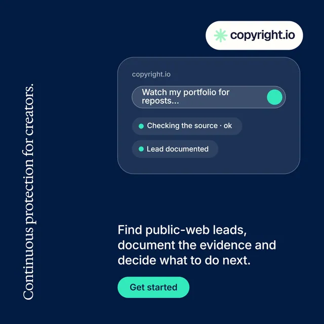 Instagram post for copyright.io: "Continuous protection for creators." Y2K style, vertical layout, dark palette in blue.