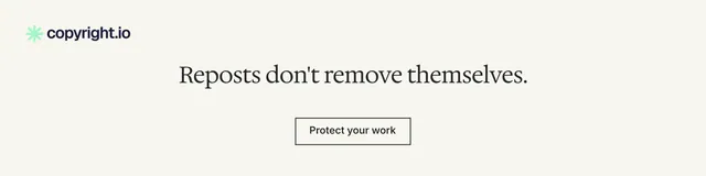 LinkedIn banner for copyright.io: "Reposts don't remove themselves." Editorial style, centred layout, light palette in white.
