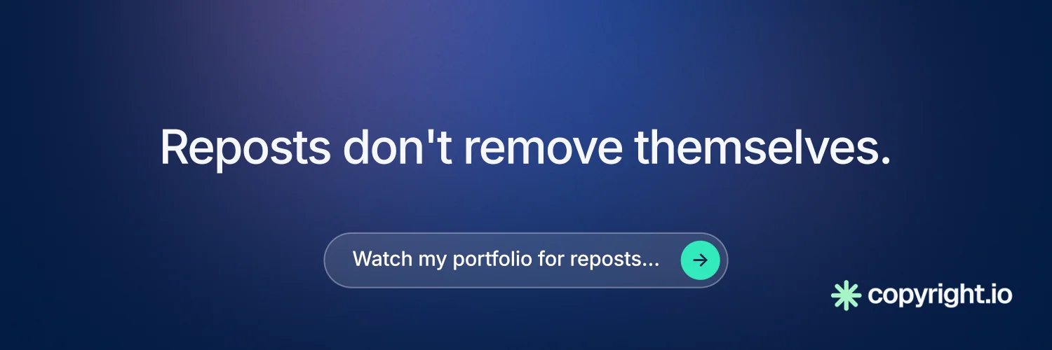 X header for copyright.io: "Reposts don't remove themselves." Agentic glass style, centred layout, dark palette in blue.