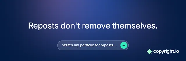 X header for copyright.io: "Reposts don't remove themselves." Agentic glass style, centred layout, dark palette in blue.