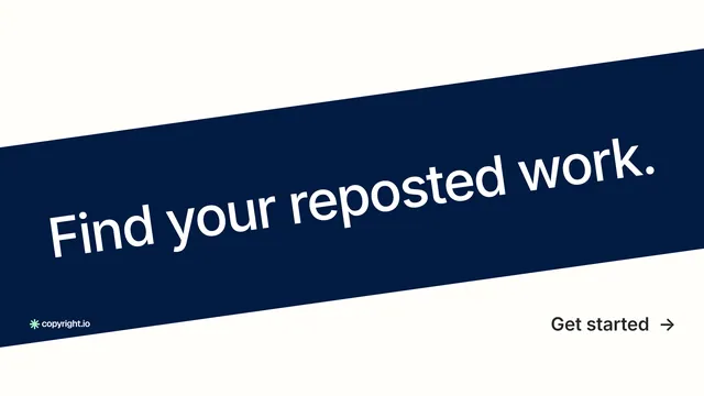 Landscape graphic for copyright.io: "Find your reposted work." Minimal luxury style, diagonal layout, light palette in white, blue.