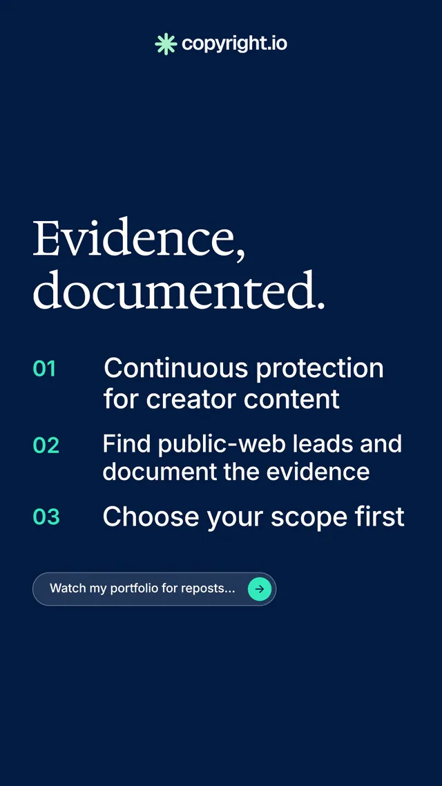 Instagram story for copyright.io: "Evidence, documented." Agentic glass style, numbered layout, dark palette in blue.
