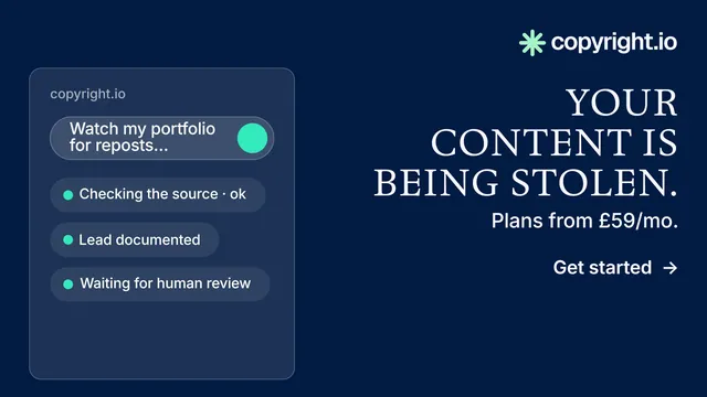 Landscape graphic for copyright.io: "Your content is being stolen." Minimal luxury style, right layout, dark palette in blue.