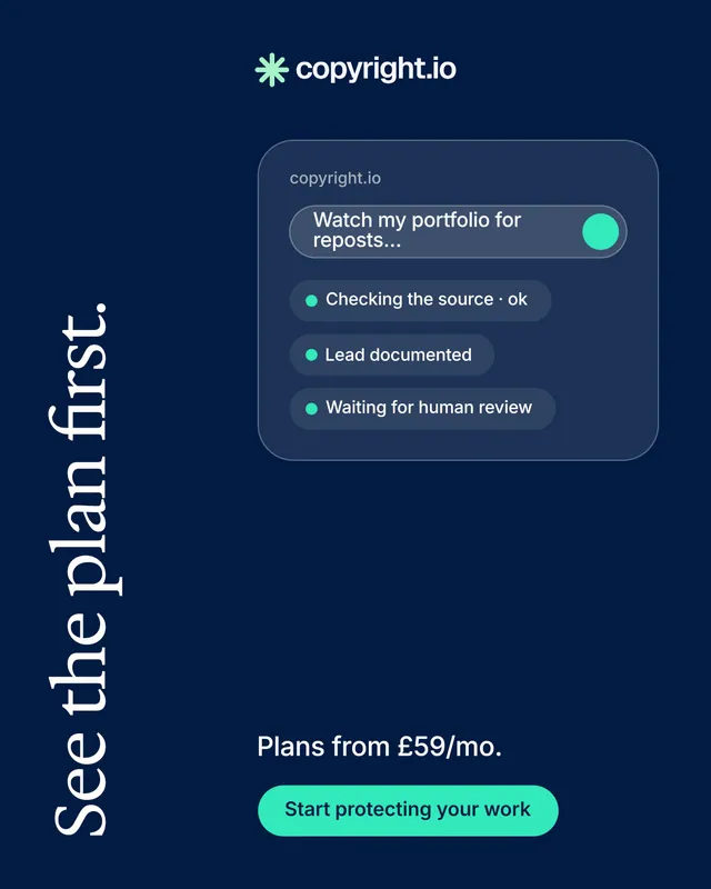 Instagram portrait post for copyright.io: "See the plan first." Y2K style, vertical layout, dark palette in blue.