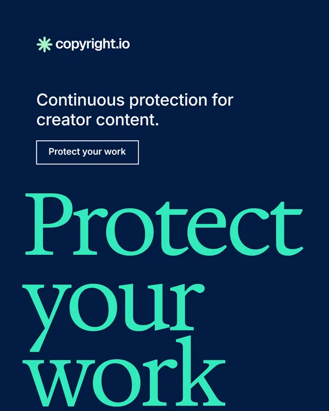 Instagram portrait post for copyright.io: "Reposts don't remove themselves." Editorial style, oversized layout, dark palette in blue, teal.
