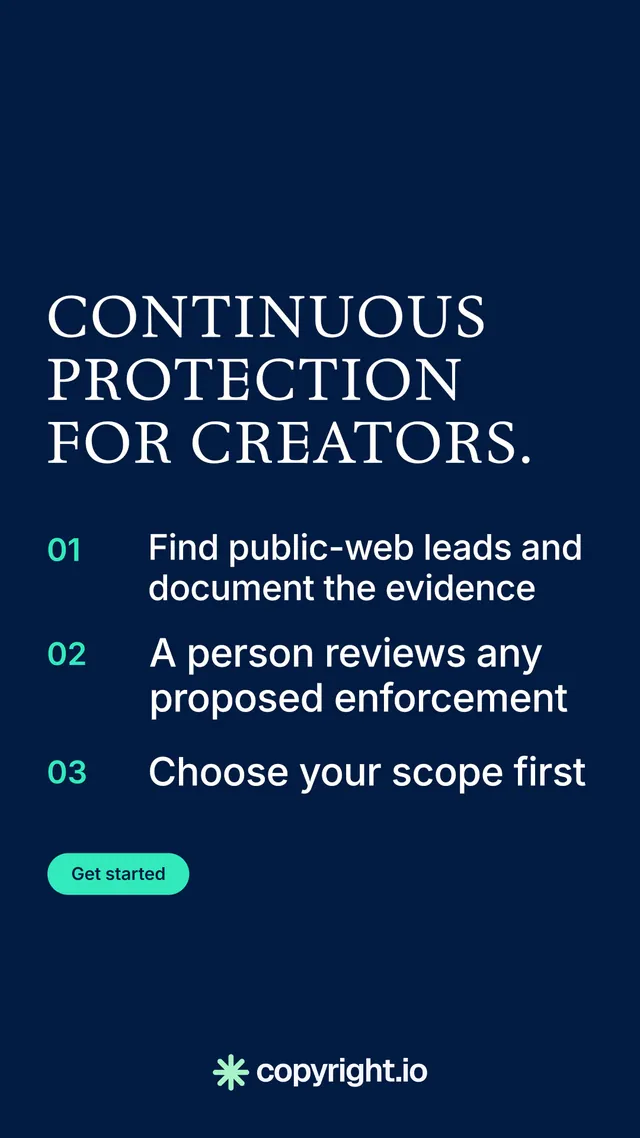 Instagram story for copyright.io: "Continuous protection for creators." Y2K style, numbered layout, dark palette in blue.
