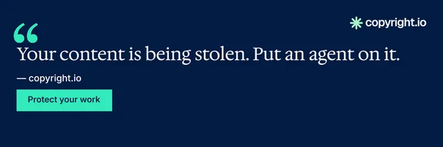 X header for copyright.io: "Evidence, documented." Swiss style, quote layout, dark palette in blue, teal.