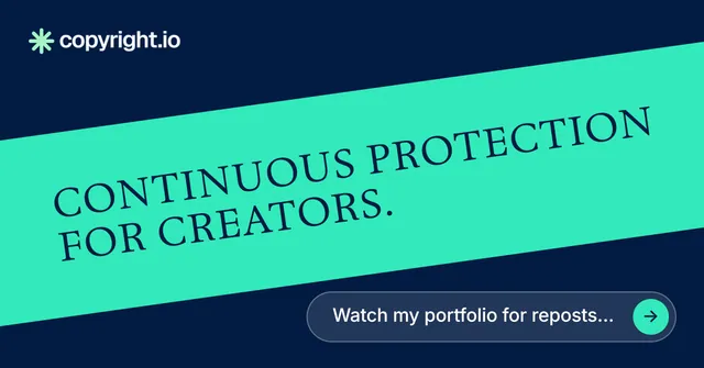 Social ad for copyright.io: "Continuous protection for creators." Agentic glass style, diagonal layout, light palette in teal, blue.