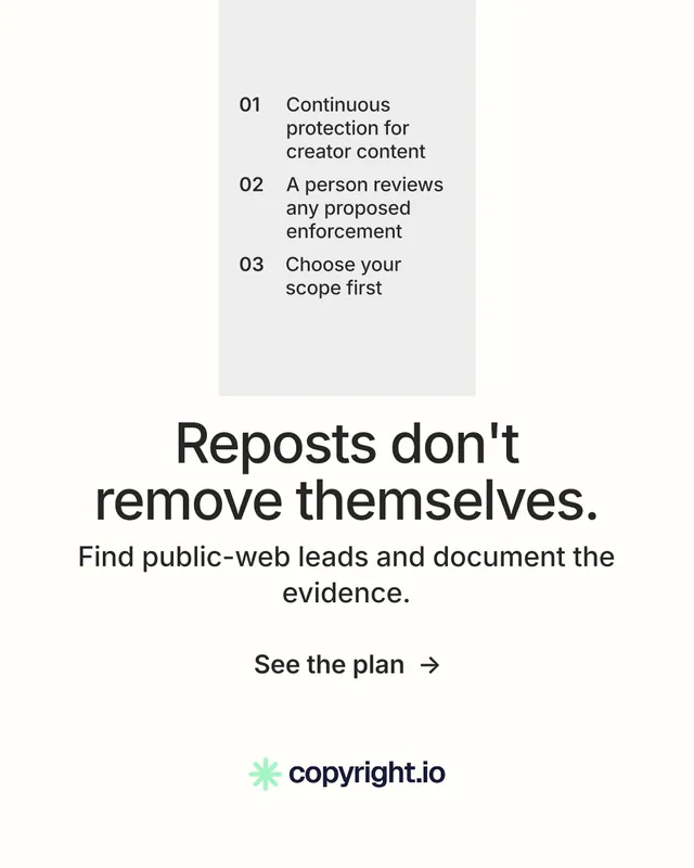 Instagram portrait post for copyright.io: "Reposts don't remove themselves." Minimal luxury style, skeleton layout, light palette in white.
