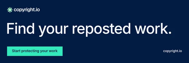 X header for copyright.io: "Find your reposted work." Split block style, poster layout, dark palette in blue, teal.