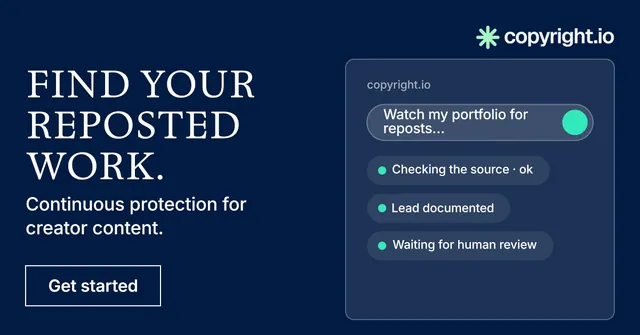 Social ad for copyright.io: "Find your reposted work." Editorial style, bottom layout, dark palette in blue.