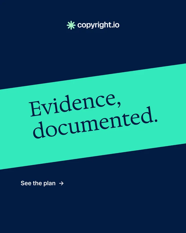 Instagram portrait post for copyright.io: "Evidence, documented." Minimal luxury style, diagonal layout, dark palette in blue, teal.
