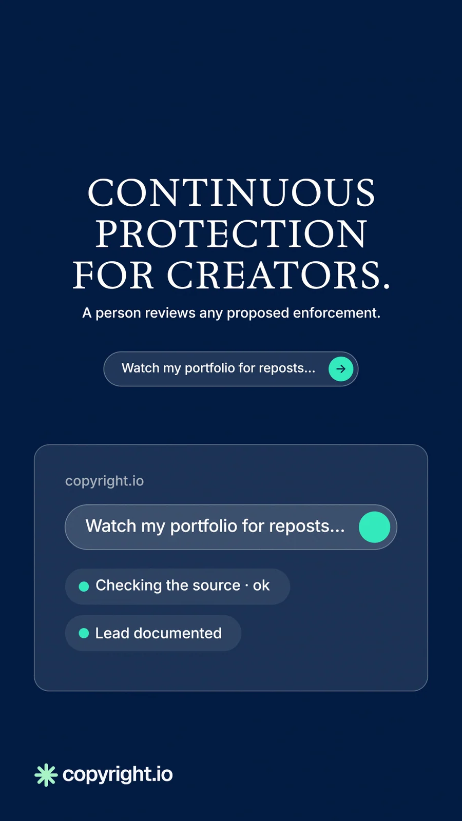 Instagram story for copyright.io: "Continuous protection for creators." Agentic glass style, centred layout, dark palette in blue.