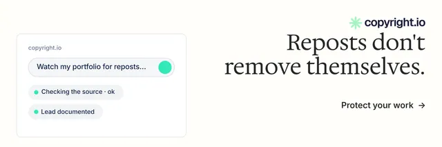 X header for copyright.io: "Reposts don't remove themselves." Minimal luxury style, right layout, light palette in white.