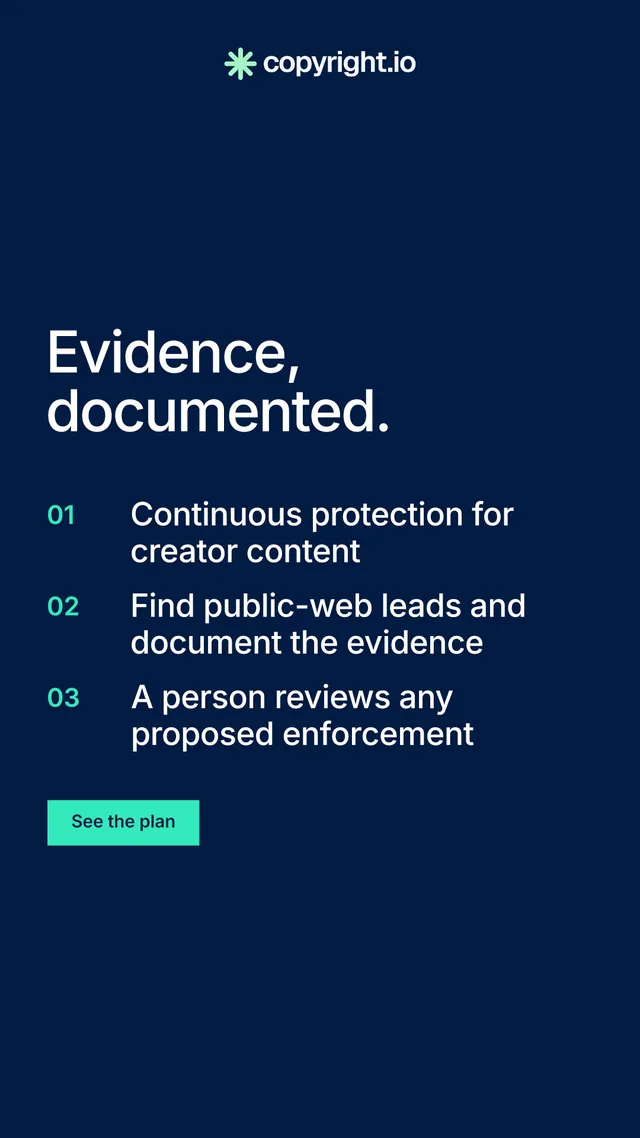 Instagram story for copyright.io: "Evidence, documented." Swiss style, numbered layout, dark palette in blue.