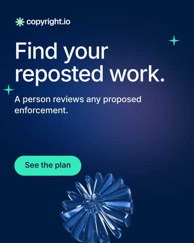 Instagram portrait post for copyright.io: "Find your reposted work." Y2K style, skeleton layout, dark palette in blue.
