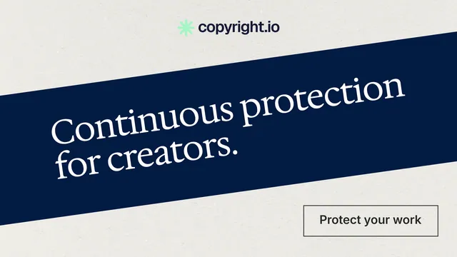 Landscape graphic for copyright.io: "Continuous protection for creators." Editorial style, diagonal layout, light palette in white, blue.