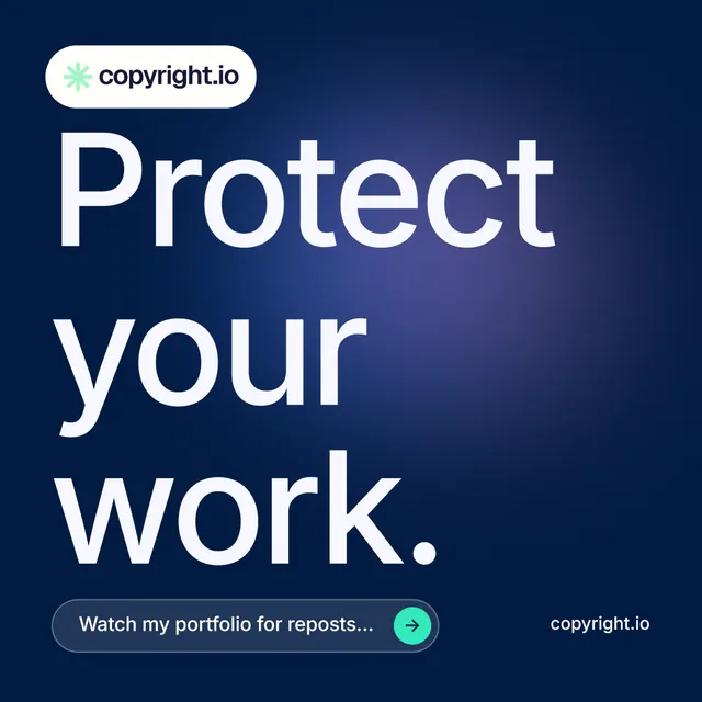 Instagram post for copyright.io: "Protect your work." Agentic glass style, poster layout, dark palette in blue.