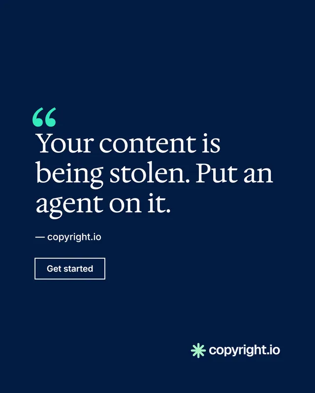 Instagram portrait post for copyright.io: "Find your reposted work." Editorial style, quote layout, dark palette in blue.