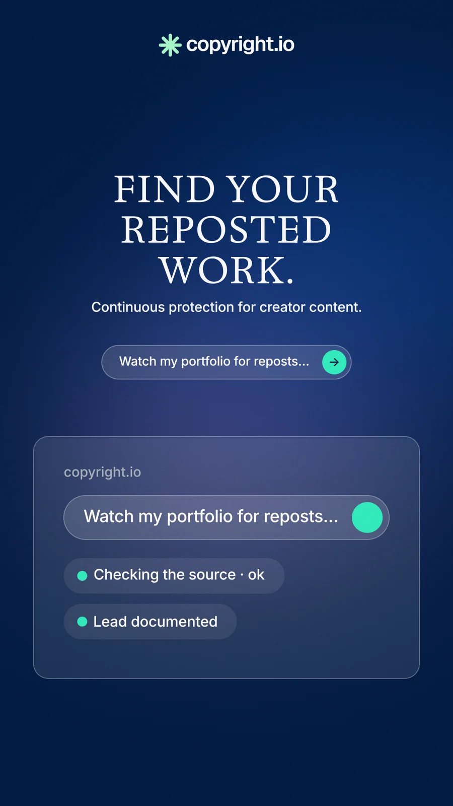 Instagram story for copyright.io: "Find your reposted work." Agentic glass style, centred layout, dark palette in blue.