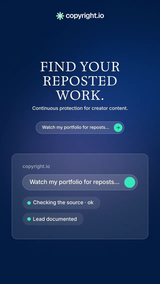 Instagram story for copyright.io: "Find your reposted work." Agentic glass style, centred layout, dark palette in blue.