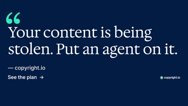 Landscape graphic for copyright.io: "Reposts don't remove themselves." Minimal luxury style, quote layout, dark palette in blue.