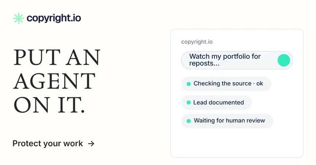 Social ad for copyright.io: "Put an agent on it." Minimal luxury style, bottom layout, light palette in white.