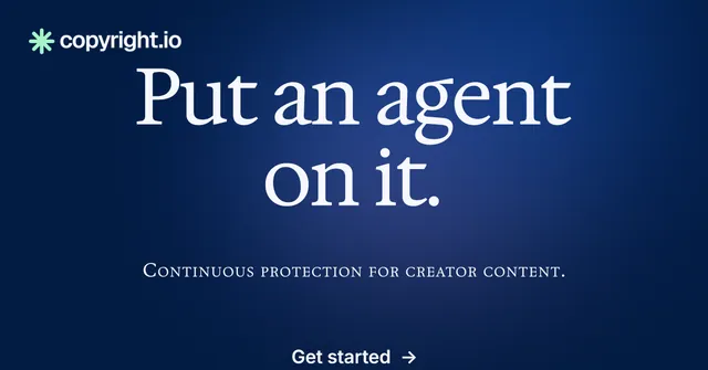 Social ad for copyright.io: "Put an agent on it." Y2K style, smallcaps layout, dark palette in blue.