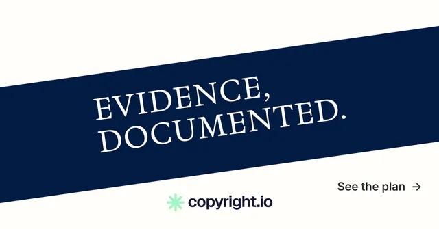 Social ad for copyright.io: "Evidence, documented." Minimal luxury style, diagonal layout, light palette in white, blue.