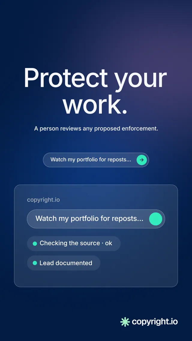 Instagram story for copyright.io: "Protect your work." Agentic glass style, centred layout, dark palette in blue.