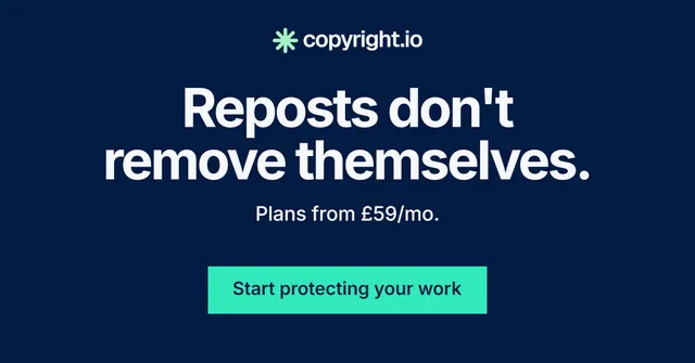 Social ad for copyright.io: "Reposts don't remove themselves." Swiss style, centred layout, dark palette in blue, teal.