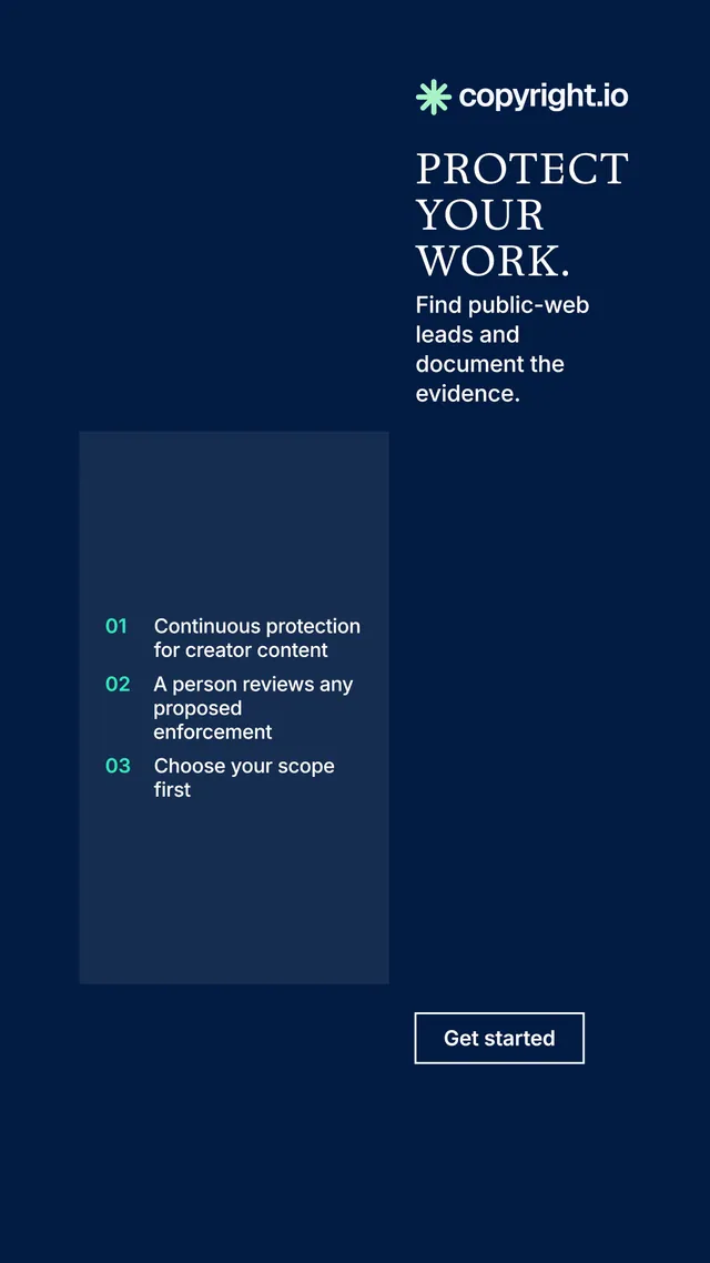 Instagram story for copyright.io: "Protect your work." Editorial style, skeleton layout, dark palette in blue.