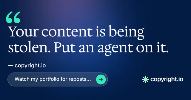 Social ad for copyright.io: "Protect your work." Agentic glass style, quote layout, dark palette in blue.