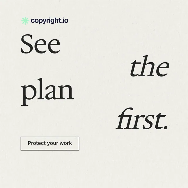 Instagram post for copyright.io: "See the plan first." Editorial style, stacked layout, light palette in white.